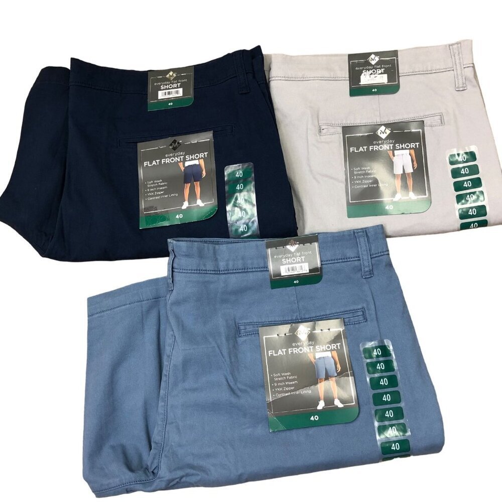 MEBERS MARK three‎ PAIRS FLAT FRONT CASUAL CHINO 9" SHORTS 40 NWT